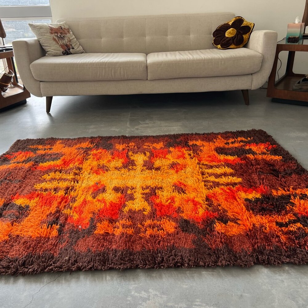 70's THOR Rorschach Bold Geometry Contemporary UNUSED Brown Rya Rug Mid Century - Picture 3 of 9